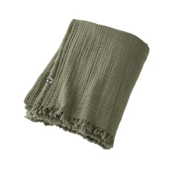 Altobuy OUREA - Plaid à Franges 130x160cm 4 Epaisseurs Gaze de Coton Romarin* Plaid Canapé