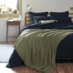 Altobuy OUREA - Plaid à Franges 130x160cm 4 Epaisseurs Gaze de Coton Romarin* Plaid Canapé