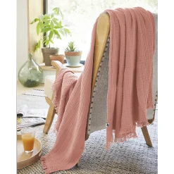 Altobuy OUREA - Plaid à Franges 130x160cm 4 Epaisseurs Gaze de Coton Rose Pêche* Plaid Canapé|Plaid