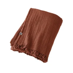 Altobuy OUREA - Plaid à Franges 180x220cm 4 Epaisseurs Gaze de Coton Terracotta* Plaid Canapé|Plaid