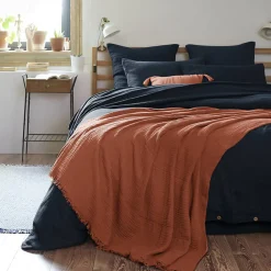 Altobuy OUREA - Plaid à Franges 180x220cm 4 Epaisseurs Gaze de Coton Terracotta* Plaid Canapé|Plaid