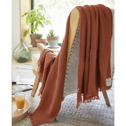 Altobuy OUREA - Plaid à Franges 180x220cm 4 Epaisseurs Gaze de Coton Terracotta* Plaid Canapé|Plaid