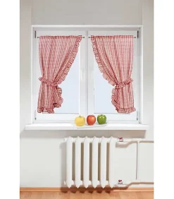 Discount Linder Paire de voilage bonne femme à petits carreaux rouge et à volant - 75x160cm - Rouge