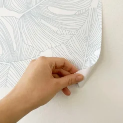 Decochic Papier peint adhésif feuille de palmes bleu et blanc en vinyle lavable et amovible - 1 rouleau 50x300 cm -* Papier Peint Pour Salle De Bains