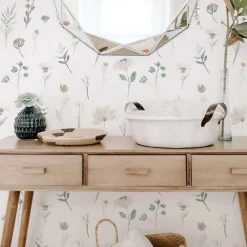 Outlet Decochic Papier peint adhésif fleuri vert et beige en vinyle lavable et amovible - 1 rouleau 50x300 cm -