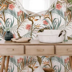 New Decochic Papier peint adhésif fleurs tropicales vert et rose en vinyle lavable et amovible - 1 rouleau 50x300 cm -