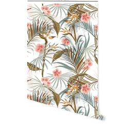 New Decochic Papier peint adhésif fleurs tropicales vert et rose en vinyle lavable et amovible - 1 rouleau 50x300 cm -