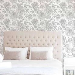 Discount Decochic Papier peint adhésif fleurs blanc et gris en vinyle lavable et amovible - 1 rouleau 50x300 cm -