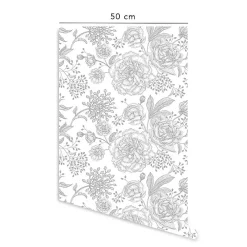Discount Decochic Papier peint adhésif fleurs blanc et gris en vinyle lavable et amovible - 1 rouleau 50x300 cm -