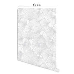 Best Decochic Papier peint adhésif ginkgo gris et blanc en vinyle lavable et amovible - 1 rouleau 50x300 cm -