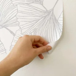 Best Decochic Papier peint adhésif ginkgo gris et blanc en vinyle lavable et amovible - 1 rouleau 50x300 cm -