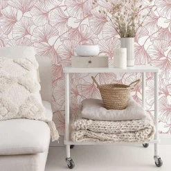 Decochic Papier peint adhésif ginko rose et blanc en vinyle lavable et amovible - 1 rouleau 50x300 cm -* Papier Peint Pour Salle De Bains