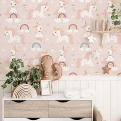 Decochic Papier peint adhésif licornes rose en vinyle lavable et amovible - 1 rouleau 50x300 cm -*Enfant Papier Peint Enfant