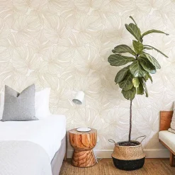 Discount Decochic Papier peint adhésif palmettes sable et blanc en vinyle lavable et amovible - 1 rouleau 50x300 cm -