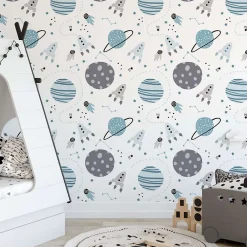 Online Decochic Papier peint adhésif planète bleu et gris en vinyle lavable et amovible - 1 rouleau 50x300 cm -