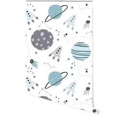 Online Decochic Papier peint adhésif planète bleu et gris en vinyle lavable et amovible - 1 rouleau 50x300 cm -