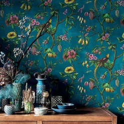 Lutèce Papier peint Bloom vinyle intissé oiseau paradis bleu pétrole* Papier Peint Pour Chambre|Papier Peint Pour Salon