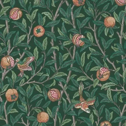 Clearance William Morris Papier peint intissé Bird & pomegranate imprimé fleurs, oiseaux vert L.1000 x l.52cm