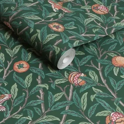 Clearance William Morris Papier peint intissé Bird & pomegranate imprimé fleurs, oiseaux vert L.1000 x l.52cm