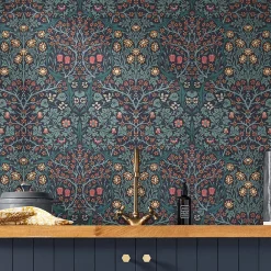 William Morris Papier peint intissé Blackthorn navy imprimé nature vert L.1000 x l.52cm* Papier Peint Pour Couloir
