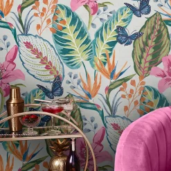 Envy Papier peint intissé Eden day imprimé fleurs tropicales rose, vert, bleu L.1000 x l.52cm* Papier Peint Fleuri