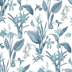 Lutece Papier peint intissé Jardin Secret mat et satiné fleurs bleu, blanc l.1000 x l.53 cm* Papier Peint Naturel Et Tropical