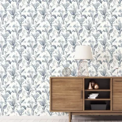 Lutece Papier peint intissé Jardin Secret mat et satiné fleurs bleu, blanc l.1000 x l.53 cm* Papier Peint Naturel Et Tropical