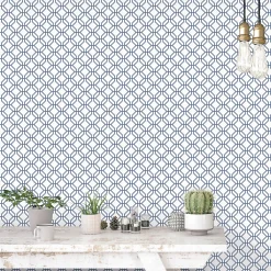 Discount Lutece Papier peint intissé Jardin Secret mat et satiné hexagone bleu, blanc l.1000 x l.53 cm