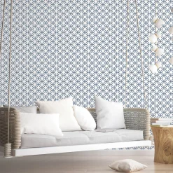 Discount Lutece Papier peint intissé Jardin Secret mat et satiné hexagone bleu, blanc l.1000 x l.53 cm
