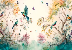 Wallarena Papier Peint Intissé Panoramique Forêt Peint Oiseaux Art 400x280 cm - Colle Inclus - Chambre et Salon - Moderne Trompe l'oeil* Papier Peint Panoramique