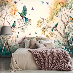 Wallarena Papier Peint Intissé Panoramique Forêt Peint Oiseaux Art 400x280 cm - Colle Inclus - Chambre et Salon - Moderne Trompe l'oeil* Papier Peint Panoramique