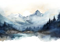 Wallarena Papier Peint Intissé Panoramique Montagnes Aquarelle 300x210 cm - Colle Inclus - Chambre et Salon - Bleu Blanc* Papier Peint Panoramique