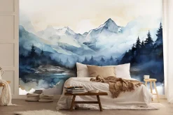 Wallarena Papier Peint Intissé Panoramique Montagnes Aquarelle 300x210 cm - Colle Inclus - Chambre et Salon - Bleu Blanc* Papier Peint Panoramique