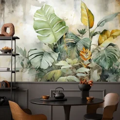 Outlet Muralo Papier Peint Intissé Photo Pour Chambre FEUILLES Plantes Aquarelle 360cm x 240cm