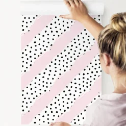 Online Muralo Papier Peint Intissé Points Noir Rayures Rose Pour Chambre D'Enfant