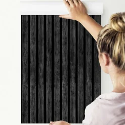Clearance Muralo Papier Peint Intissé Pour Chambre PLANCHES Noir Lamelles Bois Imitation