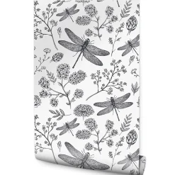 New Muralo Papier Peint Intissé Pour Salon LIBELLULE Fleurs Nature Noir Blanc