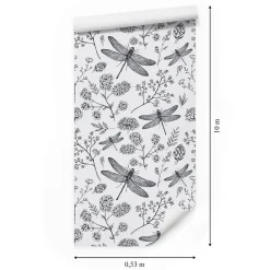 New Muralo Papier Peint Intissé Pour Salon LIBELLULE Fleurs Nature Noir Blanc