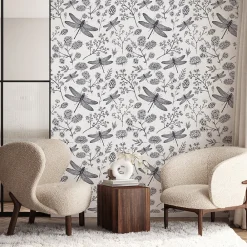 New Muralo Papier Peint Intissé Pour Salon LIBELLULE Fleurs Nature Noir Blanc