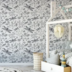 New Muralo Papier Peint Intissé Pour Salon LIBELLULE Fleurs Nature Noir Blanc