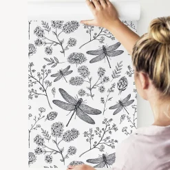 New Muralo Papier Peint Intissé Pour Salon LIBELLULE Fleurs Nature Noir Blanc