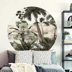 Best Ambiance Sticker Papier peint intissé pré-encollé fresques géantes - FRESQUE JUNGLE TROPICALE VINTAGE - 60x60cm