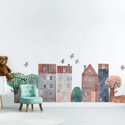 Ambiance Sticker Papier peint intissé pré-encollé fresques géantes - ENFANT MAISONS EN AQUARELLES - 90x135cm*Enfant Papier Peint Enfant