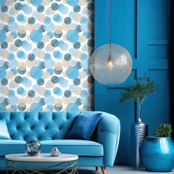 Clearance Ambiance Sticker Papier peint intissé pré-encollé - BOHÈME ETHNIQUE CERCLES BLEUS - 1 rouleau de 300x60cm