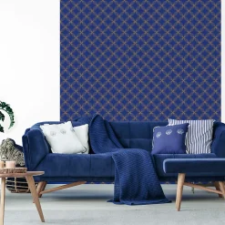 Discount Ambiance Sticker Papier peint intissé pré-encollé - RÉTRO ORNEMENTS BLEU ET JAUNE - 1 rouleau de 300x60cm