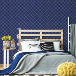 Discount Ambiance Sticker Papier peint intissé pré-encollé - RÉTRO ORNEMENTS BLEU ET JAUNE - 1 rouleau de 300x60cm