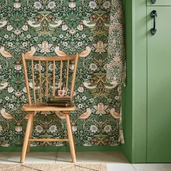 William Morris Papier peint intissé Strawberry thief imprimé fleurs, oiseaux vert L.1000 x l.52cm* Papier Peint Fleuri|Papier Peint Pour Couloir