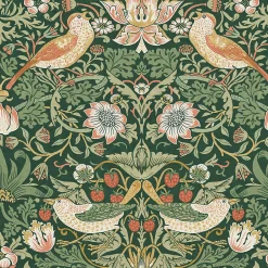 William Morris Papier peint intissé Strawberry thief imprimé fleurs, oiseaux vert L.1000 x l.52cm* Papier Peint Fleuri|Papier Peint Pour Couloir