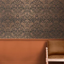 William Morris Papier peint intissé Strawberry fibrous charcoal imprimé fleurs, oiseaux effet métalisé marron L.1000 x l.52cm
