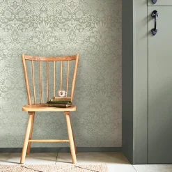 Discount William Morris Papier peint intissé Strawberry thief imprimé fleurs, oiseaux effet métalisé vert sauge L.1000 x l.52cm